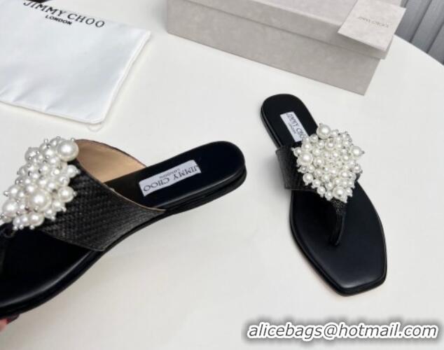 Perfect Jimmy Choo Straw Flat Thong Slide Sandals with Pearls Black 915049