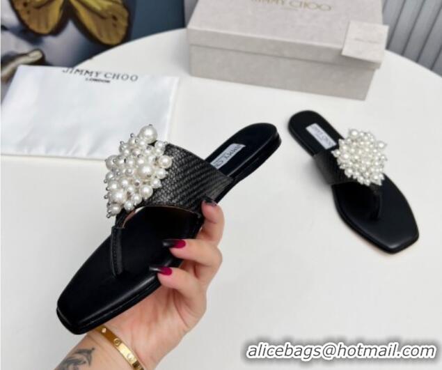 Perfect Jimmy Choo Straw Flat Thong Slide Sandals with Pearls Black 915049