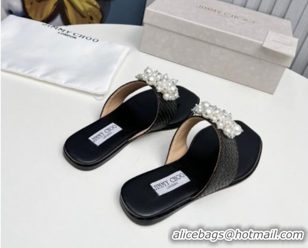 Perfect Jimmy Choo Straw Flat Thong Slide Sandals with Pearls Black 915049