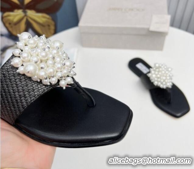 Perfect Jimmy Choo Straw Flat Thong Slide Sandals with Pearls Black 915049