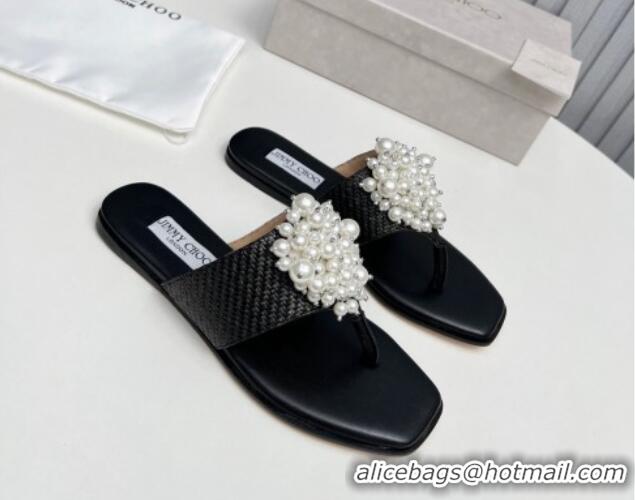 Perfect Jimmy Choo Straw Flat Thong Slide Sandals with Pearls Black 915049