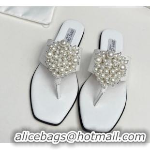 Best Grade Jimmy Choo Straw Flat Thong Slide Sandals with Pearls White 915050