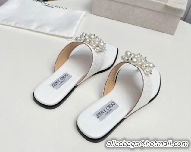 Best Grade Jimmy Choo Straw Flat Thong Slide Sandals with Pearls White 915050