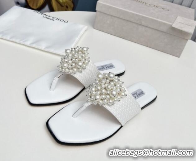 Best Grade Jimmy Choo Straw Flat Thong Slide Sandals with Pearls White 915050