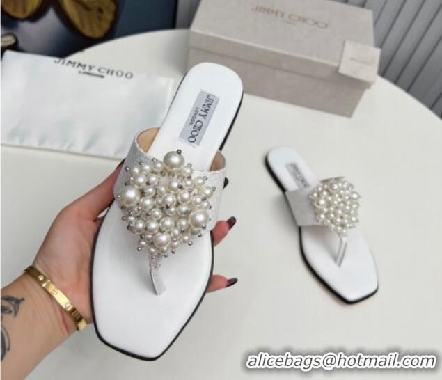 Best Grade Jimmy Choo Straw Flat Thong Slide Sandals with Pearls White 915050