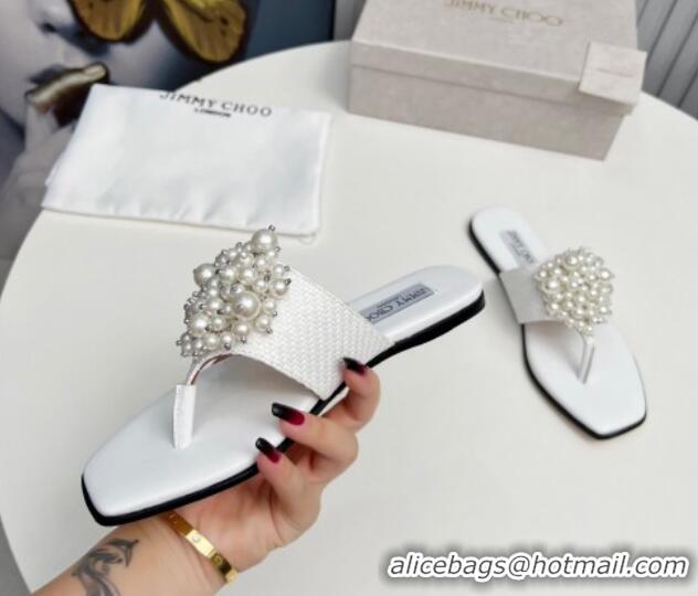 Best Grade Jimmy Choo Straw Flat Thong Slide Sandals with Pearls White 915050