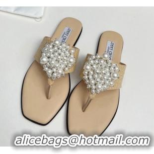 Best Price Jimmy Choo Straw Flat Thong Slide Sandals with Pearls Beige 915051