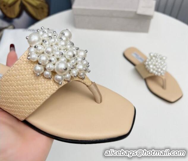 Best Price Jimmy Choo Straw Flat Thong Slide Sandals with Pearls Beige 915051