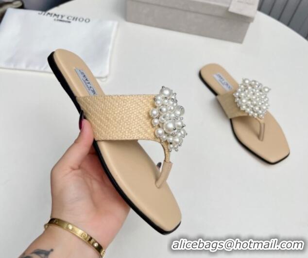 Best Price Jimmy Choo Straw Flat Thong Slide Sandals with Pearls Beige 915051