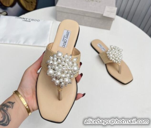 Best Price Jimmy Choo Straw Flat Thong Slide Sandals with Pearls Beige 915051