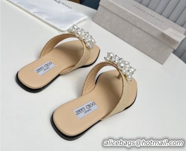 Best Price Jimmy Choo Straw Flat Thong Slide Sandals with Pearls Beige 915051