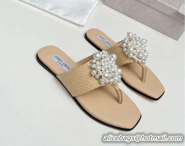 Best Price Jimmy Choo Straw Flat Thong Slide Sandals with Pearls Beige 915051