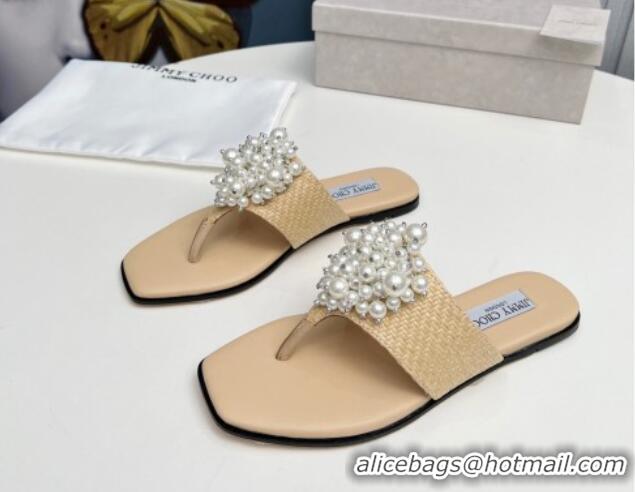 Best Price Jimmy Choo Straw Flat Thong Slide Sandals with Pearls Beige 915051