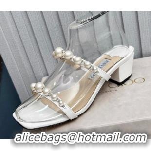 Luxurious Jimmy Choo Amara Leather Heel Slide Sandals 4.5cm with Pearls White 915052