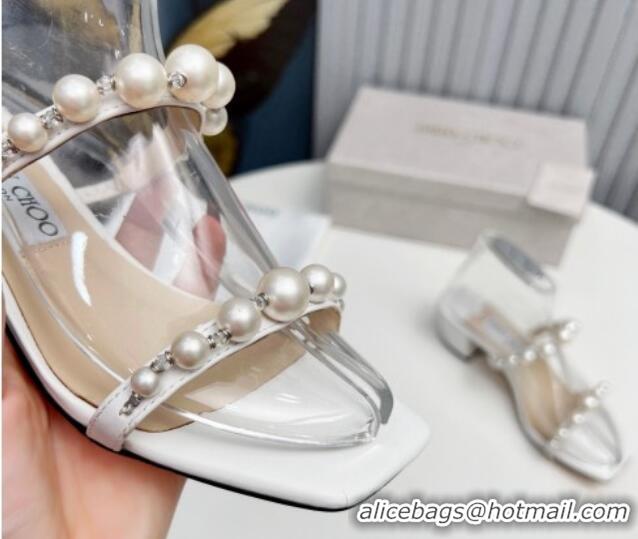 Luxurious Jimmy Choo Amara Leather Heel Slide Sandals 4.5cm with Pearls White 915052