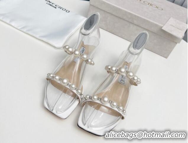 Luxurious Jimmy Choo Amara Leather Heel Slide Sandals 4.5cm with Pearls White 915052