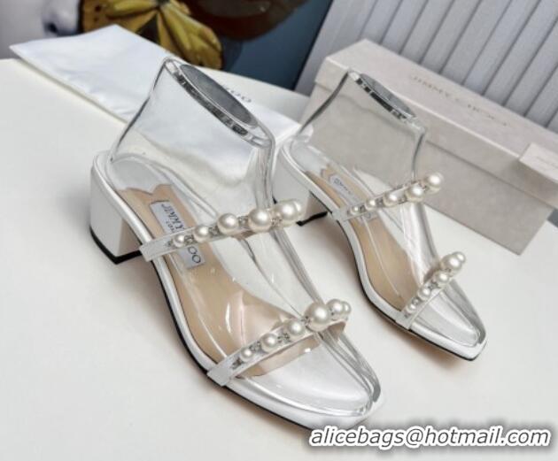 Luxurious Jimmy Choo Amara Leather Heel Slide Sandals 4.5cm with Pearls White 915052