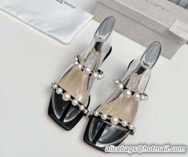 Big Discount Jimmy Choo Amara Leather Heel Slide Sandals 4.5cm with Pearls Black 915053 