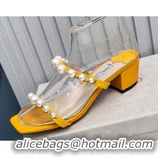 Low Price Jimmy Choo Amara Leather Heel Slide Sandals 4.5cm with Pearls Yellow 915054 