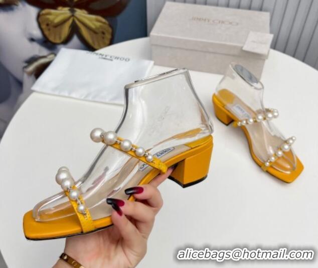 Low Price Jimmy Choo Amara Leather Heel Slide Sandals 4.5cm with Pearls Yellow 915054 