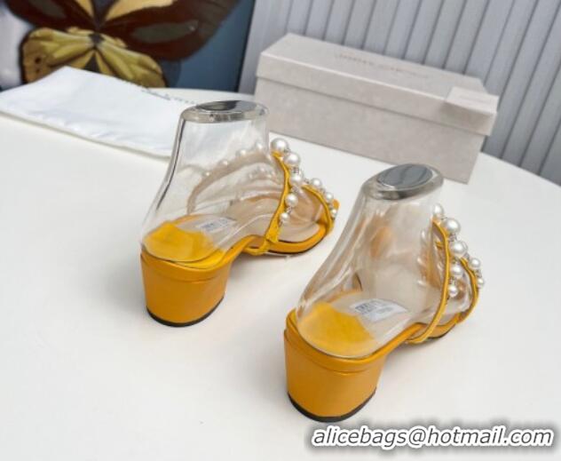 Low Price Jimmy Choo Amara Leather Heel Slide Sandals 4.5cm with Pearls Yellow 915054 