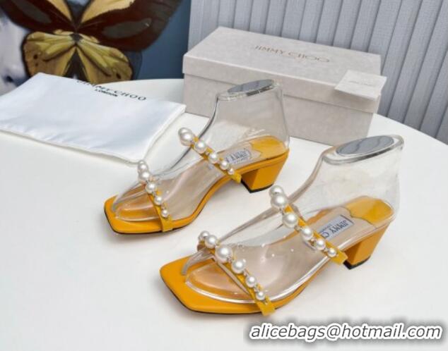 Low Price Jimmy Choo Amara Leather Heel Slide Sandals 4.5cm with Pearls Yellow 915054 