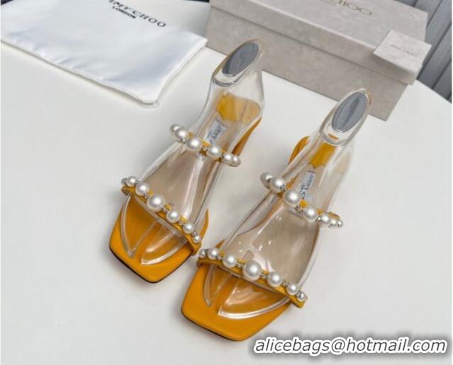 Low Price Jimmy Choo Amara Leather Heel Slide Sandals 4.5cm with Pearls Yellow 915054 