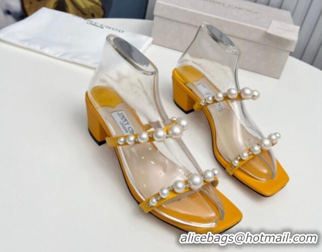 Low Price Jimmy Choo Amara Leather Heel Slide Sandals 4.5cm with Pearls Yellow 915054 