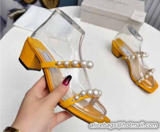 Low Price Jimmy Choo Amara Leather Heel Slide Sandals 4.5cm with Pearls Yellow 915054 