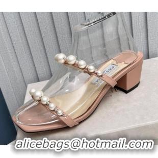 Unique Discount Jimmy Choo Amara Leather Heel Slide Sandals 4.5cm with Pearls Nude 915055