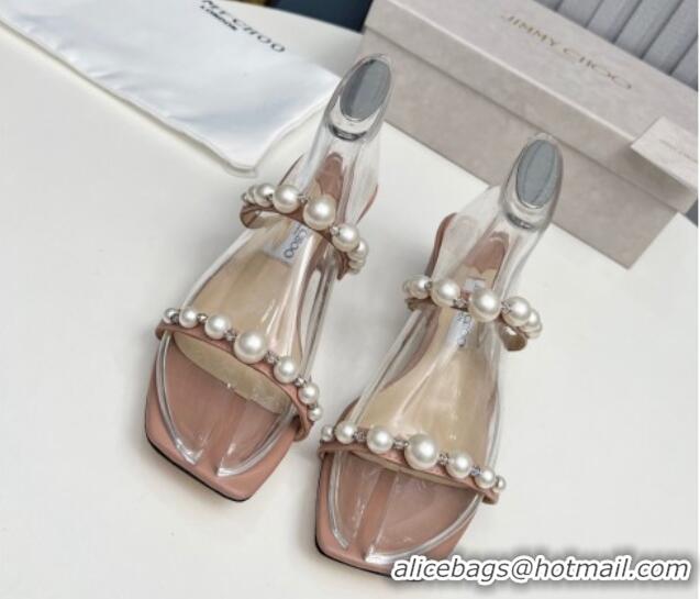 Unique Discount Jimmy Choo Amara Leather Heel Slide Sandals 4.5cm with Pearls Nude 915055