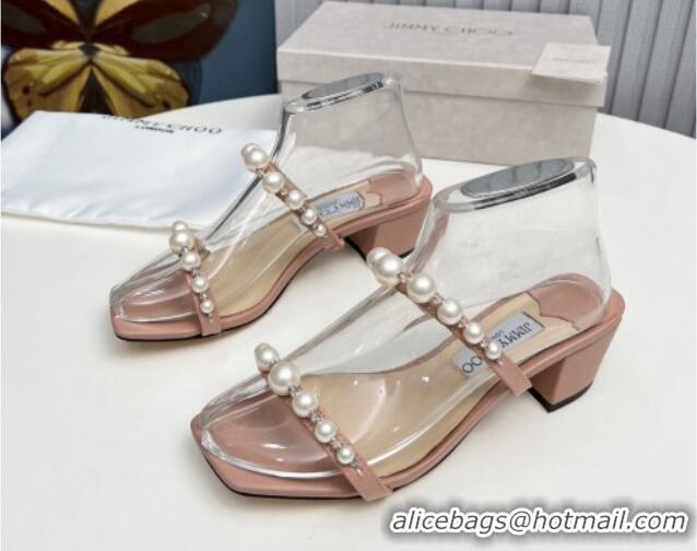 Unique Discount Jimmy Choo Amara Leather Heel Slide Sandals 4.5cm with Pearls Nude 915055