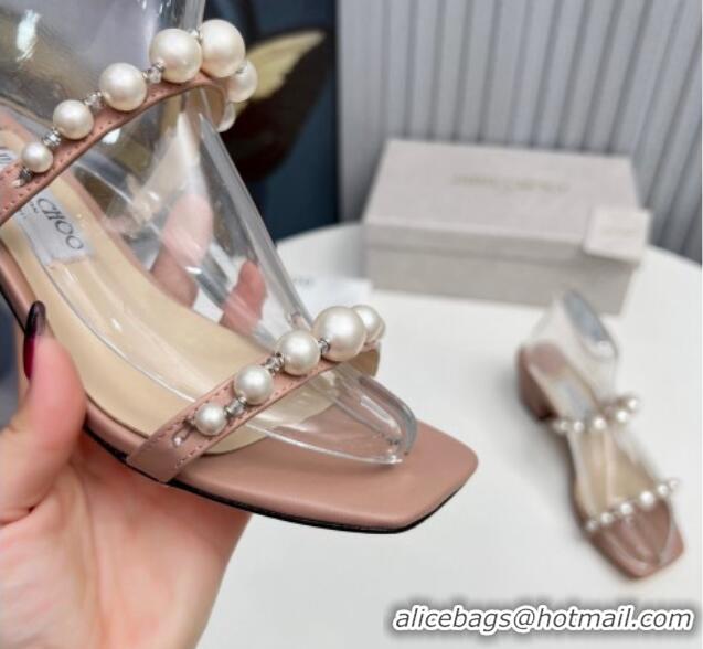 Unique Discount Jimmy Choo Amara Leather Heel Slide Sandals 4.5cm with Pearls Nude 915055