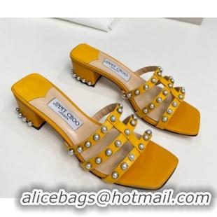 Good Taste Jimmy Choo Leather Heel Slide Sandals 4.5cm with Pearls Yellow 915057