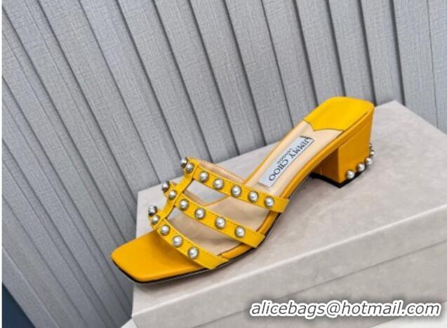 Good Taste Jimmy Choo Leather Heel Slide Sandals 4.5cm with Pearls Yellow 915057