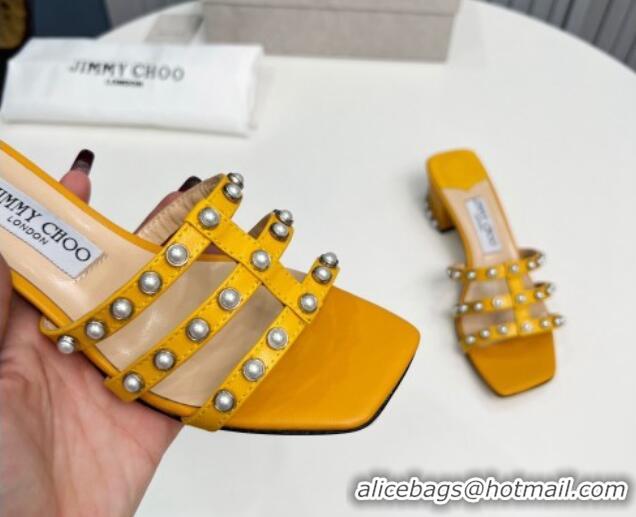 Good Taste Jimmy Choo Leather Heel Slide Sandals 4.5cm with Pearls Yellow 915057