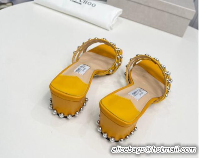 Good Taste Jimmy Choo Leather Heel Slide Sandals 4.5cm with Pearls Yellow 915057