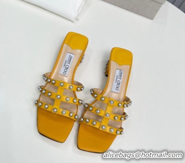 Good Taste Jimmy Choo Leather Heel Slide Sandals 4.5cm with Pearls Yellow 915057