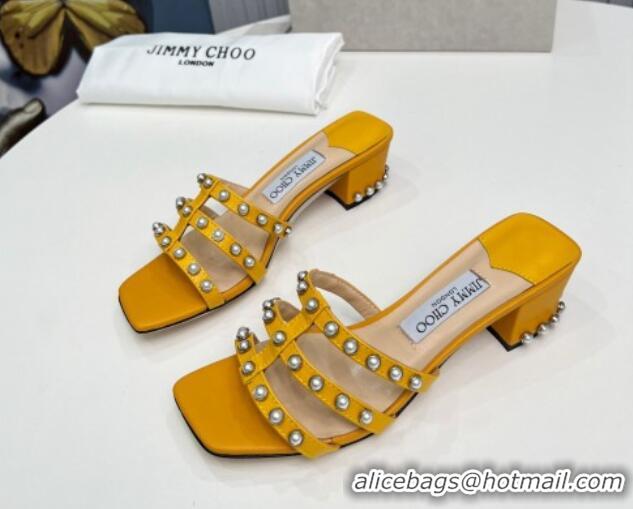 Good Taste Jimmy Choo Leather Heel Slide Sandals 4.5cm with Pearls Yellow 915057