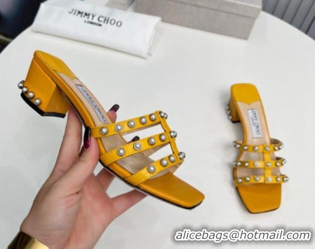 Good Taste Jimmy Choo Leather Heel Slide Sandals 4.5cm with Pearls Yellow 915057