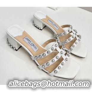 Best Grade Jimmy Choo Leather Heel Slide Sandals 4.5cm with Pearls White 915058