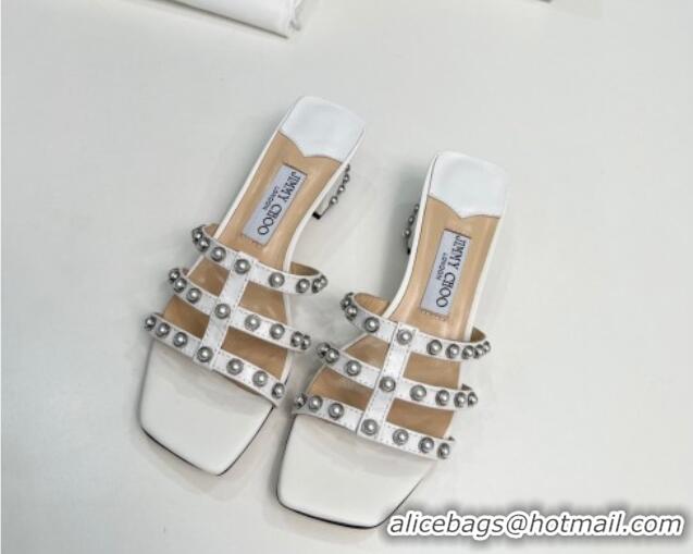 Best Grade Jimmy Choo Leather Heel Slide Sandals 4.5cm with Pearls White 915058