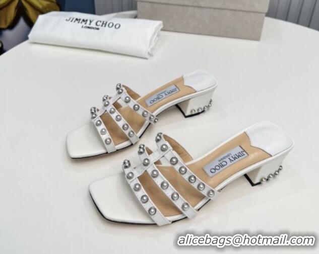 Best Grade Jimmy Choo Leather Heel Slide Sandals 4.5cm with Pearls White 915058