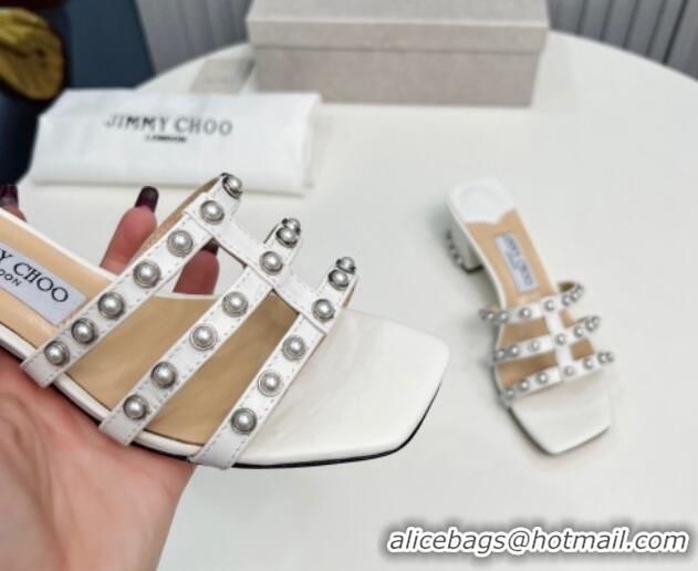 Best Grade Jimmy Choo Leather Heel Slide Sandals 4.5cm with Pearls White 915058