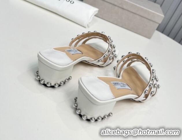 Best Grade Jimmy Choo Leather Heel Slide Sandals 4.5cm with Pearls White 915058