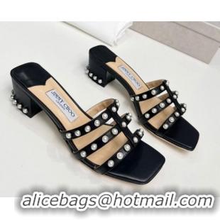 Best Price Jimmy Choo Leather Heel Slide Sandals 4.5cm with Pearls Black 915059