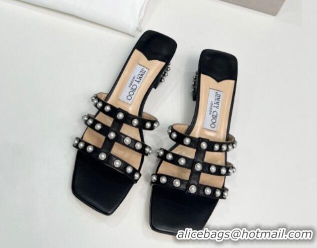 Best Price Jimmy Choo Leather Heel Slide Sandals 4.5cm with Pearls Black 915059