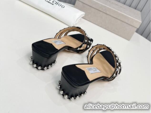 Best Price Jimmy Choo Leather Heel Slide Sandals 4.5cm with Pearls Black 915059