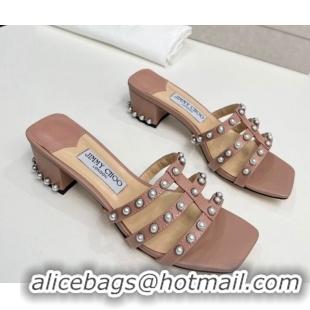 Top Grade Jimmy Choo Leather Heel Slide Sandals 4.5cm with Pearls Nude 915060