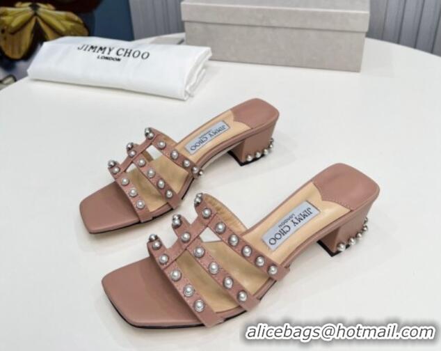 Top Grade Jimmy Choo Leather Heel Slide Sandals 4.5cm with Pearls Nude 915060